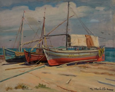 Nerantza Caïques on the Shore... Very Old — Oil painting, Canvas, 45.00×55.00cm — Theodoros Markellos
